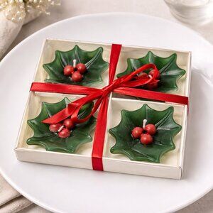 Set of 4 Floating Holiday Votive Candles Christmas Holly & Berries Vintage 1999